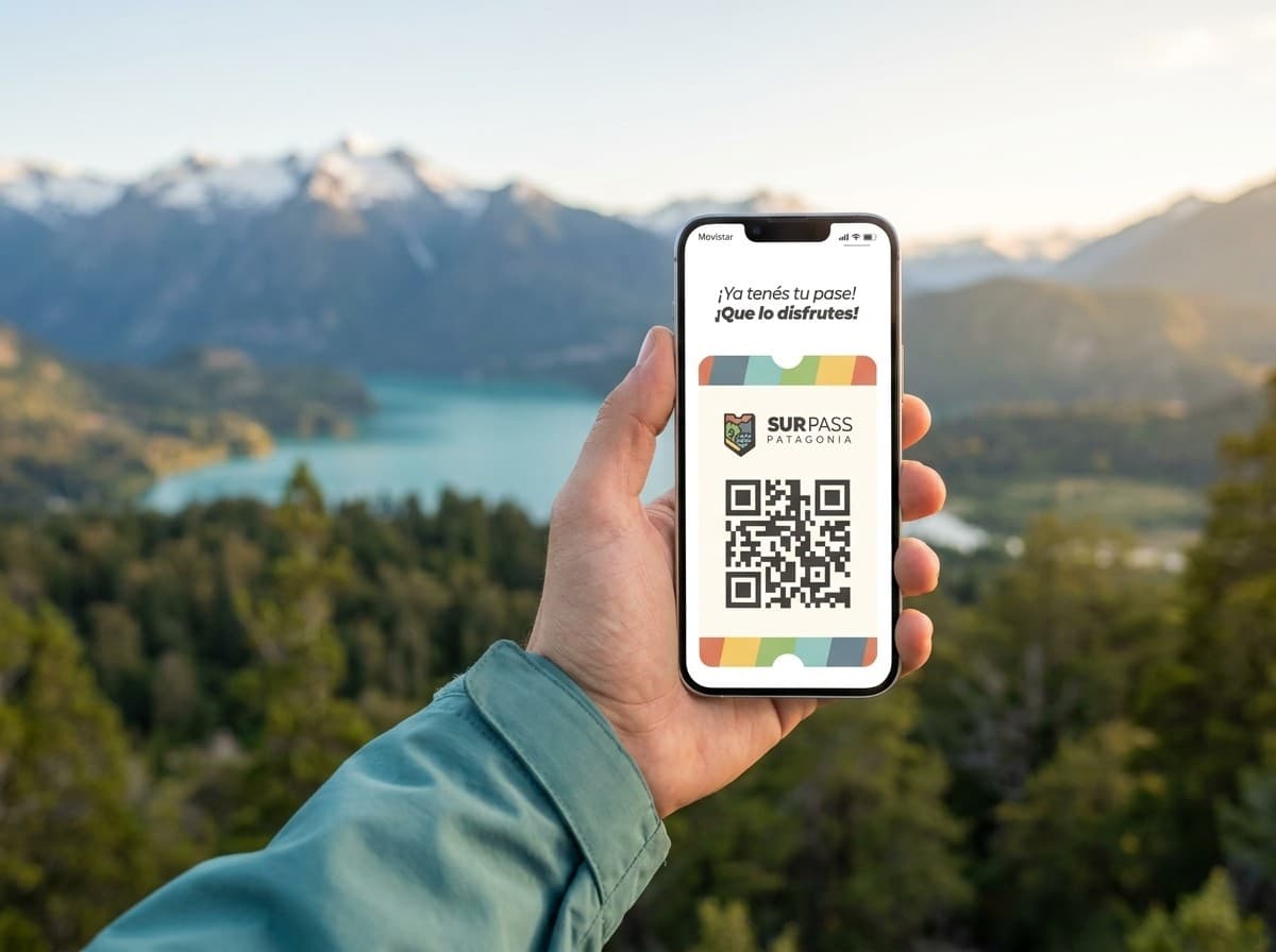 Mano sosteniendo un celular con el Sur Pass Patagonia y su código QR, frente a un lago turquesa y montañas nevadas de la Patagonia andina